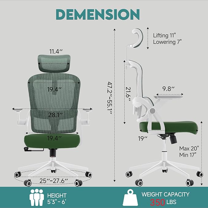 350 LBS Ergonomic Office Computer Mesh Chair - Adjustable Height Rolling Desk Chair with Flip-Up Armrests & High Back Support - Comfortable Swivel Task Chair for Home Office (01GREEN)