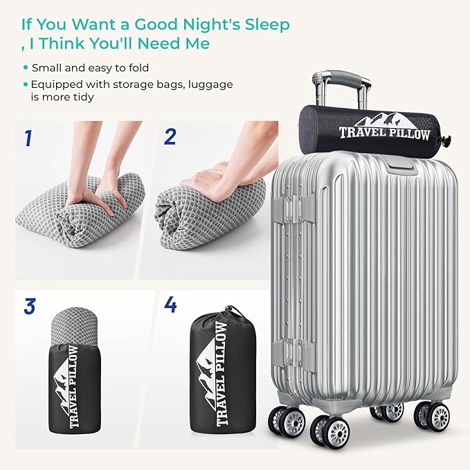 Travel Pillow Memory Foam Pillows, Camping Pillow-Compressible Medium Firm, Breathable Cover, Ideal Backpacking Hiking, Bed Pillows, Airplane and Car (Light Grey, M)