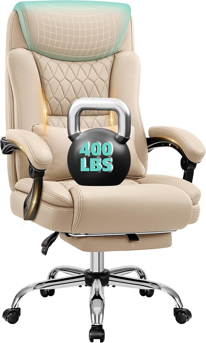 Big and Tall Office Chair 400lbs - Wide Memory Foam Seat with Spring Pack, Reclining Executive Desk Chair with Footrest, Ergonomic Heavy Duty High Back Computer Chair, Khaki