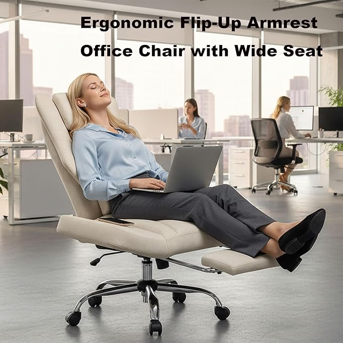 DYHOME Criss Cross Office Chair with Footrest, Executive Office Chair Ergonomic Flip-Up Armrest Wide Seat, Adjustable Reclining Computer Desk Chairs for Working, Gaming, Relaxing, PU Leather Beige