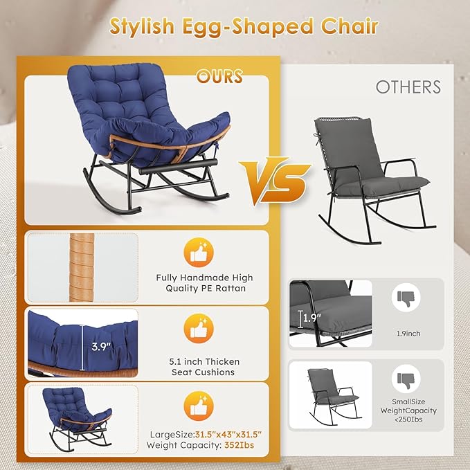 Jojoka Oversized Papasan Rocking Chair with Detachable Foot Rest, PE Rattan Rocker with Thick Removable Cushion, Metal Frame Lounge Chair for Indoor Outdoor Patio Garden Porch Living Room