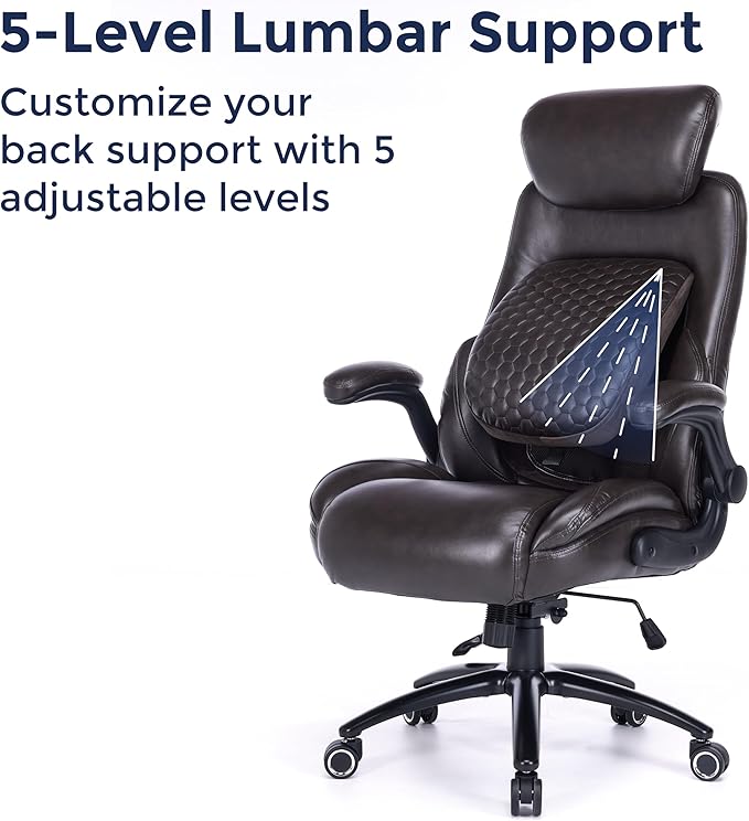 Q-Seat Office Chair with 5-Level Lumbar Adjustment | Recline & Relax Function | Heavy Duty Ergonomic Desk High Back Executive Chair | Flip-up Armrest | Adjustable Headrest | Dark Brown