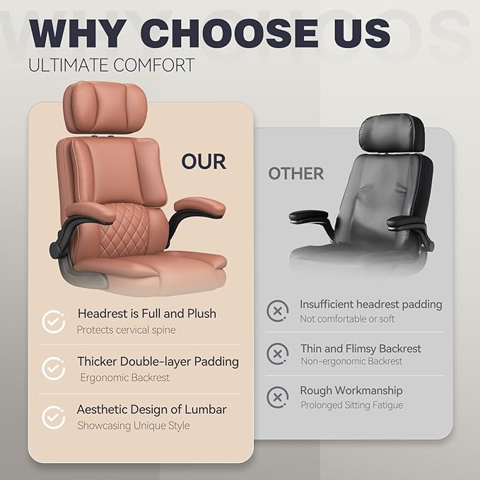 Executive Office Ergonomic Chair, Computer Chair with Adjustable Headrest,PU Leather Desk Chair,High-Back Swivel Task Chair for Home Office with Flip-Up Padded Armrests, 135°Reclining,Brown