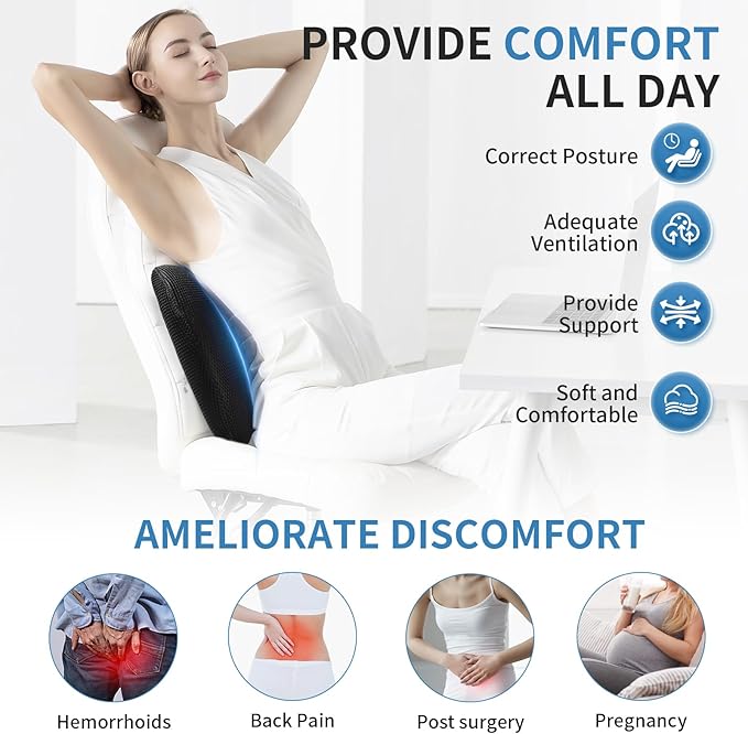 Lumbar Support Pillow for Car, Office Chair, and Gaming, Memory Foam Back Support for Lower Back Pain Relief, Ergonomic with Breathable Removable Mesh Cover, Black