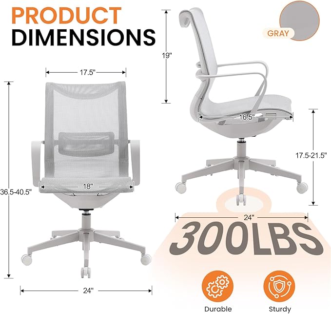 LuxErgo Ergonomic Mesh Office Chair, Mid Back Desk Chair with Lumbar Support & Armrests, Height Adjustable, 115° Recline, 360° Swivel Rolling Task Chairs for Home Office, Grey