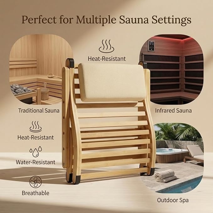 Sauna Backrest with Neck Pillow – Ergonomic S-Shape Bamboo Back Support for Infrared & Barrel Saunas – Foldable, Adjustable Headrest, Anti-Slip – Premium Lumbar Support for Long Sessions