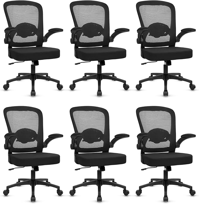 KLASIKA Desk Chairs with Wheels, Ergonomic Mesh Back Home Office Chair Adjustable Lumbar Support and Height Swivel Rolling Computer Task Chairs with Flip Up Armrests for Conference Meeting, Black, 6PK