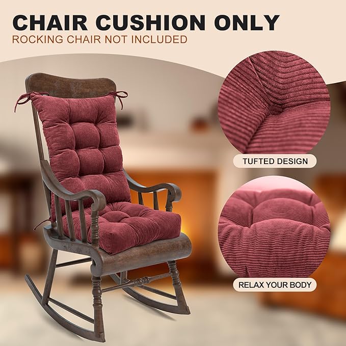 Lokex Rocking Chair Cushion Only,Tufted Non-Slip Comfortable Rocking Chair Cushions Indoor with Ties,Striped Rocking Chair Pads (Burgundy, 28x18/18x18)