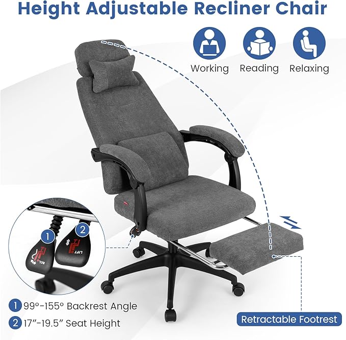 Giantex Reclining Office Chair, Chenille Fabric Desk Chair with Padded Linkage Armrests, Retractable Footrest, Neck & Lumbar Support, High-Back Ergonomic Executive Chair for Home Office, Gray