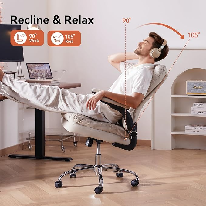 LEAGOO Ergonomic Office Chair with 3D Flip-Up Arms, Adjustable Height & Rocking Function, PU Leather Swivel Task Chair for Home Office, 300 lbs Capacity - Beige