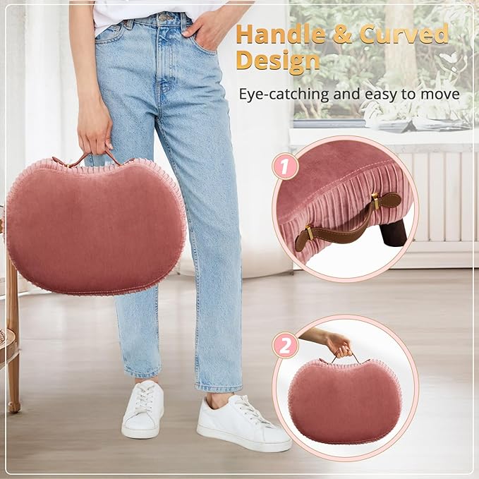 LUE BONA Small Curved Foot Stool with Handle, Pink Velvet Footstool and Ottomans, Modern Foot Rest with Wooden Legs, Step Stool with Padded Seat for Couch, Living Room