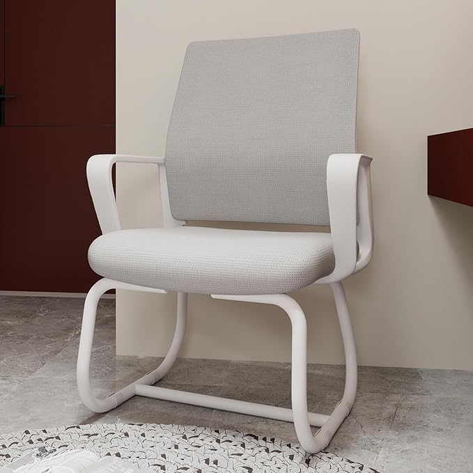 Minimalist Modern Office Chair with Metal Frame – Breathable Mesh Backrest, Ergonomic Support, Comfortable Thick Cushion for Home & Office Use (White+Gray)