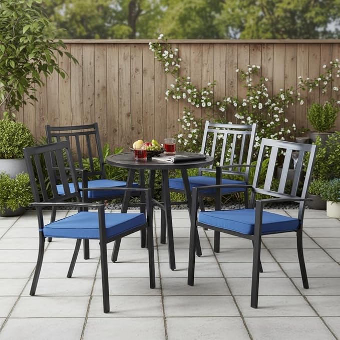 Outdoor 18 inch Square Patio Dining Chair Pads – Comfortable Fiber-Filled Seat Cushions with Ties, Reversible Polyester Fabric - Marine Blue, Set of 4