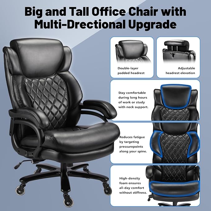 800lbs Big and Tall Office Chair, Executive Chair with Adjustable Headrest, High Back Extra Wide Seat, Heavy Duty PU Leather for Home Office, Comfortable Large Computer Desk Chair