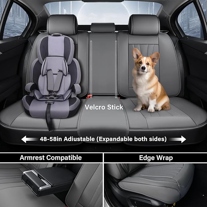 Coverado Car Seat Covers Full Set, 5 Piece Car Seat Protector with Lumbar Support & Removable Headrest, Breathable Leather Front Rear Seat Cushion Universal Fit for Truck Automotive Gray