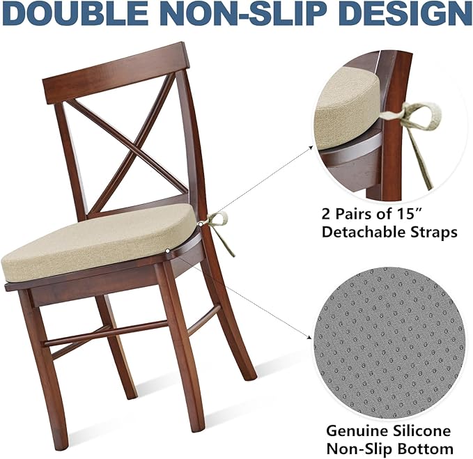 Shinnwa Kitchen Chair Cushions Set of 4, Non-Slip Dining Chair Cushions with Detachable Straps and Machine Washable Cover, 4 Pack, 17x16x2in, Beige