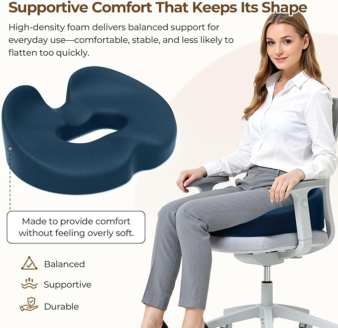 TushGuard Ergonomic Donut Pillow Seat Cushion with Raised Rear Support, Large Memory Foam Cushion for Tailbone, Hemorrhoids & Sciatica Relief, Office Chair, Car, Travel, Postpartum, Blue
