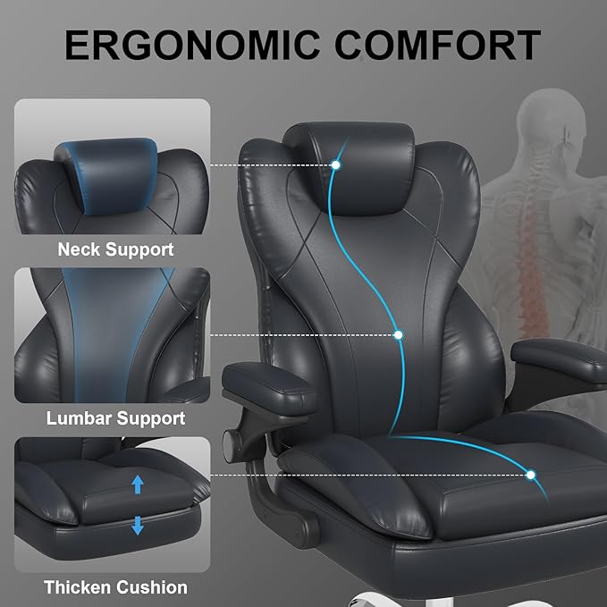Office Chair, Home Desk Chair, Ergonomic Computer Chair with Lumbar Support, Executive Leather Chair with Flip-Up Armrests, Big and Tall Swivel Rolling Chair, PU Leather, Black