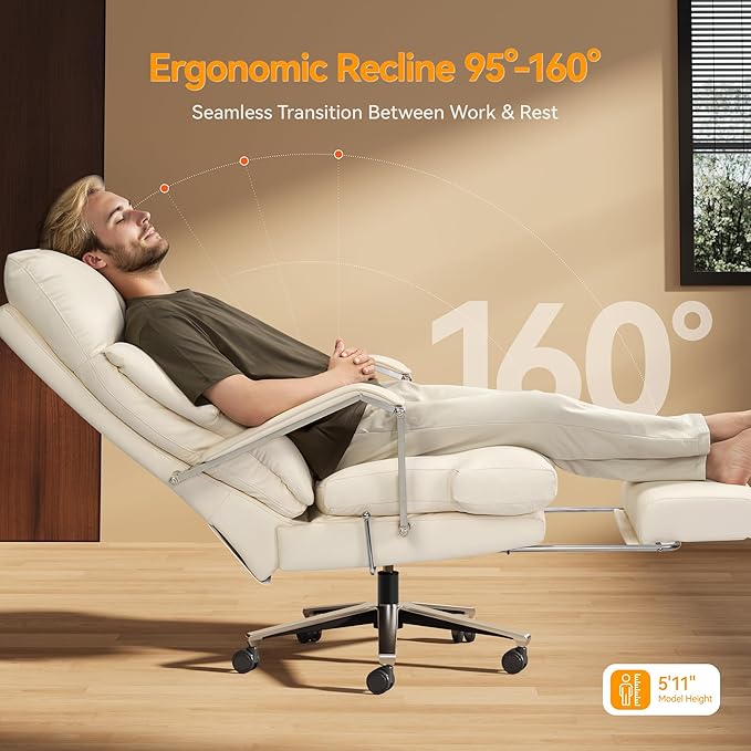 OKUP® M76 Recline Office Chair with Footrest, 160° Infinite Reclining 10" Thick Executive Desk Chair, 420lb Heavy Duty Big and Tall, Adjustable Seat Depth, Cream