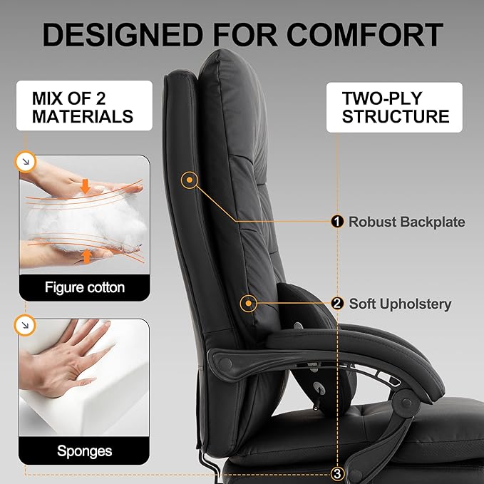 Kneading Massage Executive Office Chair with Heated,90-135° Reclining Chair with Footrest, Ergonomic Desk Chairs (Black with External Massager)