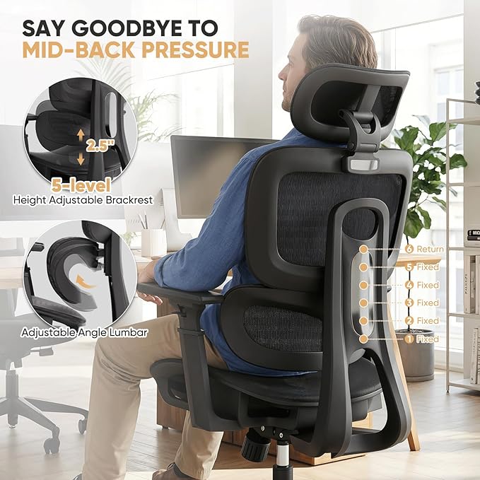 Magshion Ergonomic Mesh Office Chair, Swivel Executive Chair with Adjustable Headrest, 3D Armrests, Tilt Lock and Lumbar Support, Desk Chair for Home Office, 350 LBS Capacity, Black