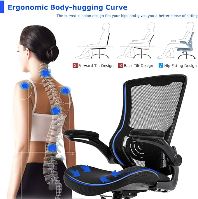 BestOffice Home Office Chair Mesh Desk Chair Computer Chair with Lumbar Support Flip Up Arms Ergonomic Chair Adjustable Swivel Rolling Executive Mid Back Task Chair for Women Adults, Black