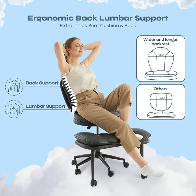 Pinmoco Ergonomic Cross Legged Office Chair for ADHD, Kneeling Chair with 360° Swivel Wheels and Reversible Seating for Meditation, Adjustable Height and Seat Deapth, PU Leather, Black