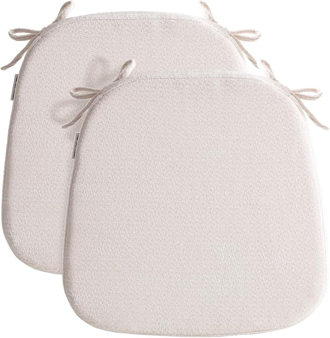 D-Shaped Chair Cushions for Dining Chairs, 2.5” Thick Chair Pads with Washable Comfortable Textured Cover, Non Slip Kitchen Chair Cushions with Ties, 16.5" x 16.5", 2 Pack, Creamy White