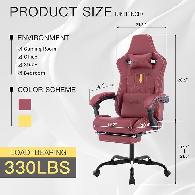 Gaming Chair with Footrest Ergonomic Computer Chair Massage Lumbar Cushion, Racing Video Game Chair Adjustable Rocker Recliner Executive Office Desk Chair Pu Leather for Adults