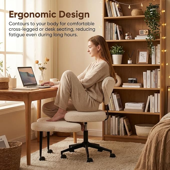 Pinmoco White Teddy Cross Leg Chair – Plush Cozy Meditation Chair, Home Office Desk Seat with Wheels, Modern Scandinavian Style, Comfortable & Soft for Adults
