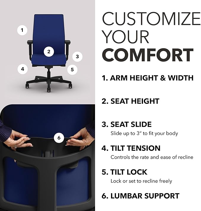 HON Ignition 2.0 Mid Back Task Chair, Spectrum Mesh, Advanced Synchro-Tilt Control, Office Chair with Lumbar Support, Height and Width Adjustable Arms, Black Frame, Cobalt