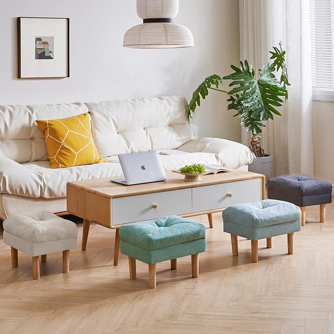 YMYNY 15.75" Small Footstool Ottoman, Footrest with Sponge Padded Seat, Step Stool for Sofa, Bedroom, Living Room, Entryway, Modern Change Shoes Stool, Wood Legs, Light Blue UHBD023BL