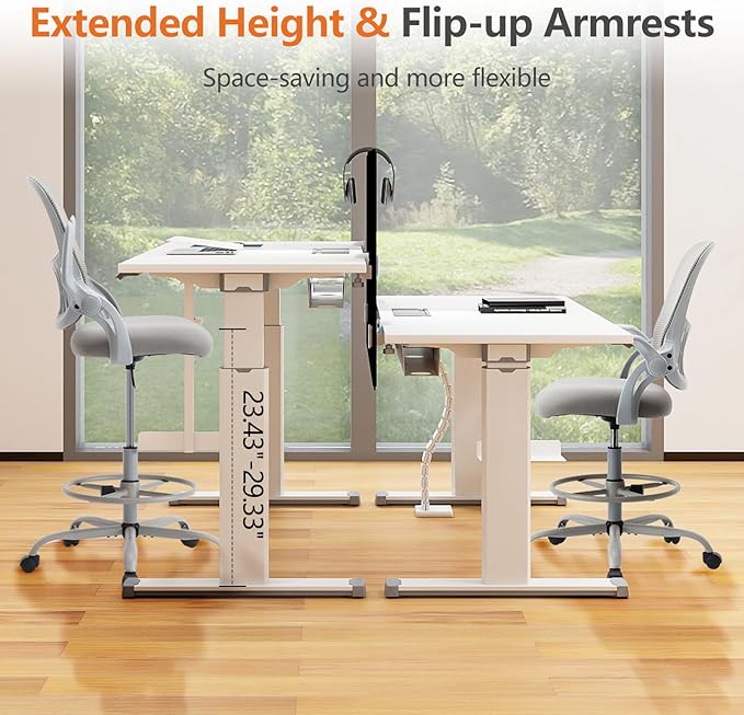 Sweetcrispy Tall Drafting Office Desk Chair - Ergonomic High Stool Computer Chair with Adjustable Height and Comfy Lumbar Support, Rolling Counter Height Chairwith Flip-up Arm and Footrest, Grey