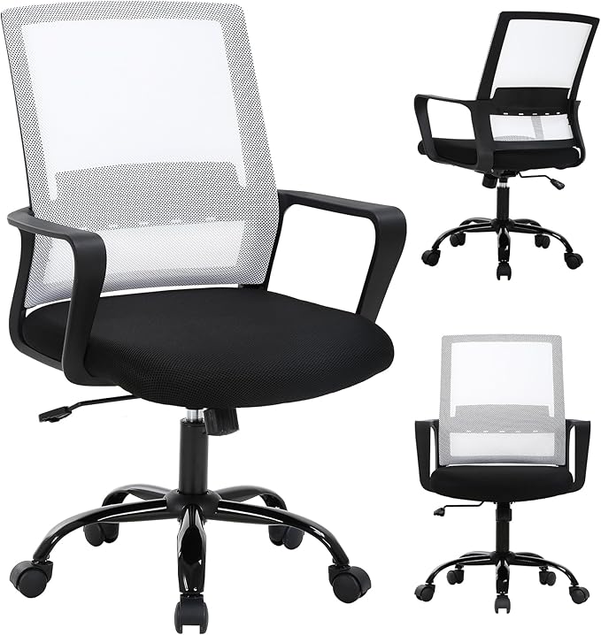 Ergonomic Office Chair, Breathable Mesh Desk Chair, Swivel Computer Chair with Wheels & Adjustable Height & Comfort Seat for Home Office, Gaming Room, White