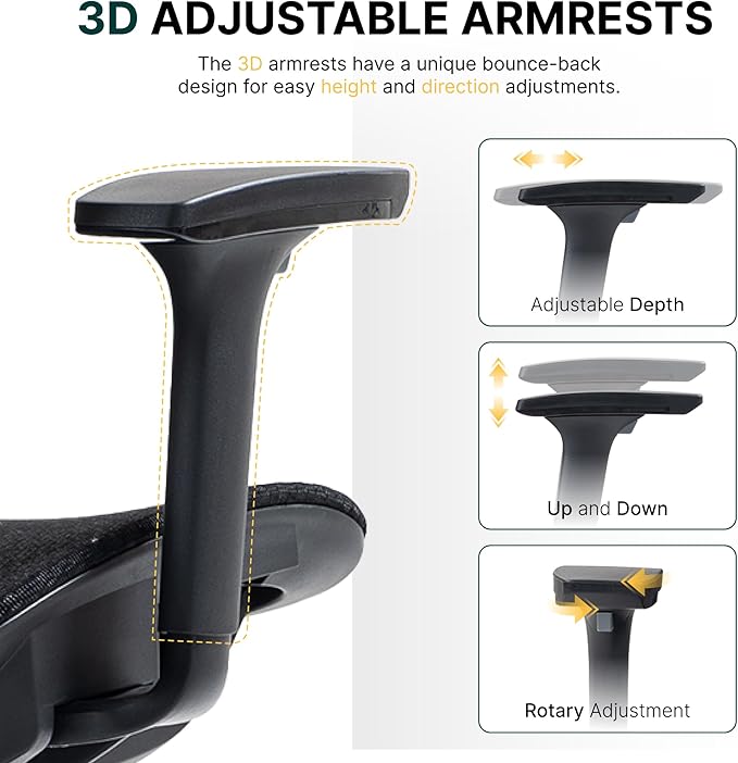 Ergonomic Mesh Office Chair, 3D Adjustable Armrests Desk Chair with 360° Swivel Silent Casters, 90°-120° Reclining Backrest Adjustable Gaming Chair for Home Office