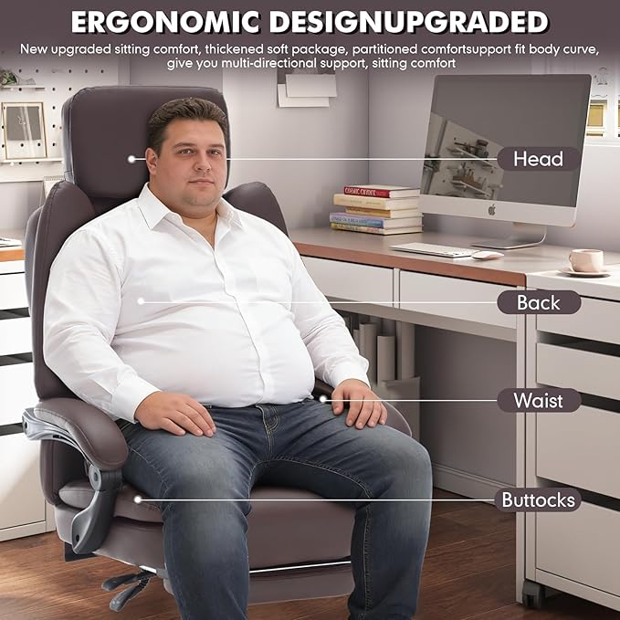 500lbs Plus Size Office Chair with Lumbar Support, PU Leather Big and Tall Heavy Duty Reclining Office Desk Chair with Foot Rest, Brown