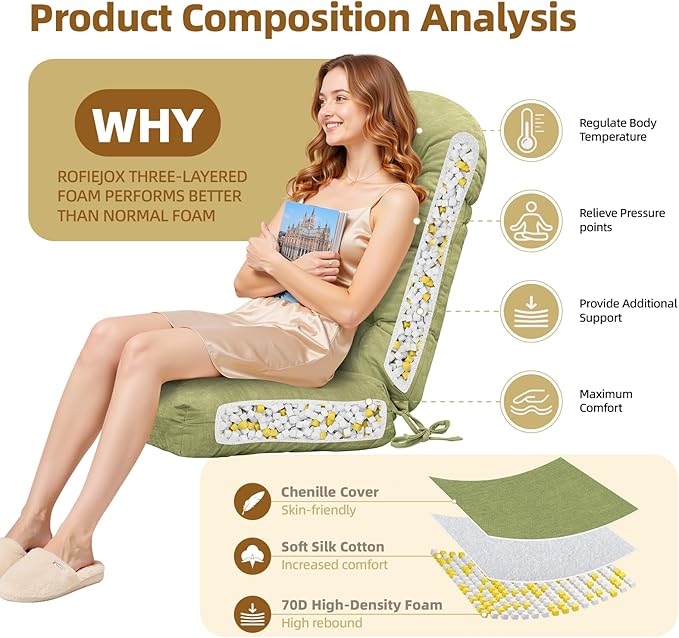 Rocking Chair Cushion - Chenille Fabric, High-Density Sponge, Durable Comfort Double-Sided Tufted Seat Pads with Ties, Chenille︱Avocado Green, 44x19x4 inch