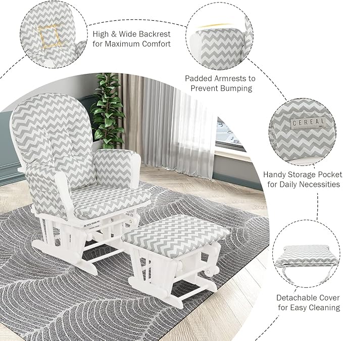 Costzon Nursery Glider with Ottoman, Upholstered Comfort Glider Rocker with Padded Cushion, Storage Pocket, Solid Wood Base, Rocking Chair Nursery for Breastfeeding, Napping (Gray and White)