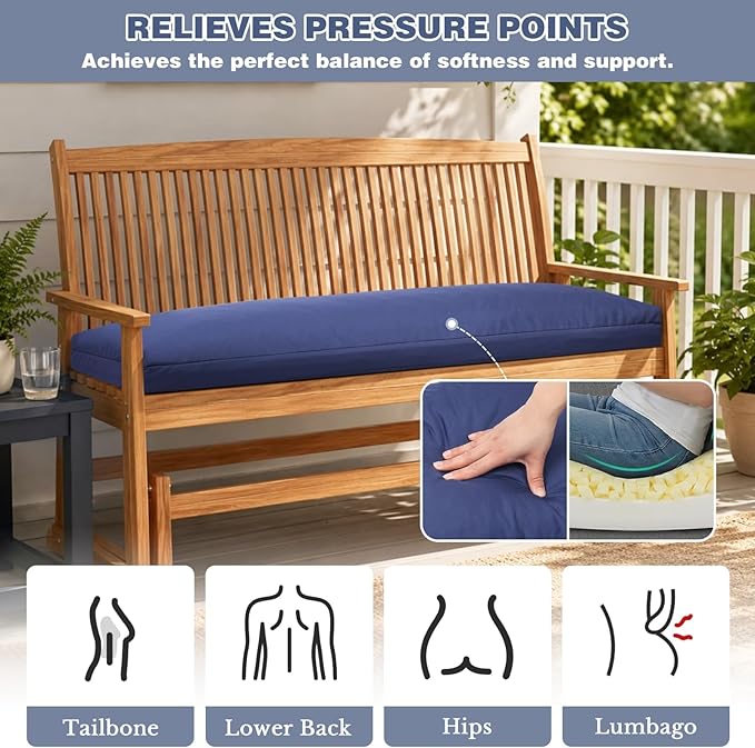 baibu 45In Outdoor Bench Cushion Waterproof, Bench Cushions for Outdoor Furniture, Dual-Layer Memory Foam atio Furniture Cushions, Porch Swing Seat Pad with Washable Cover & Ties, 45x16x3.5, Navy Blue