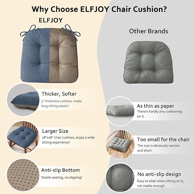 ELFJOY Dining Chair Cushions Set of 2 Thick Non Slip Kitchen Chair Pads with Ties Comfortable Indoor Kitchen Seat Cushions (18" x 18" x 3" Light Blue)