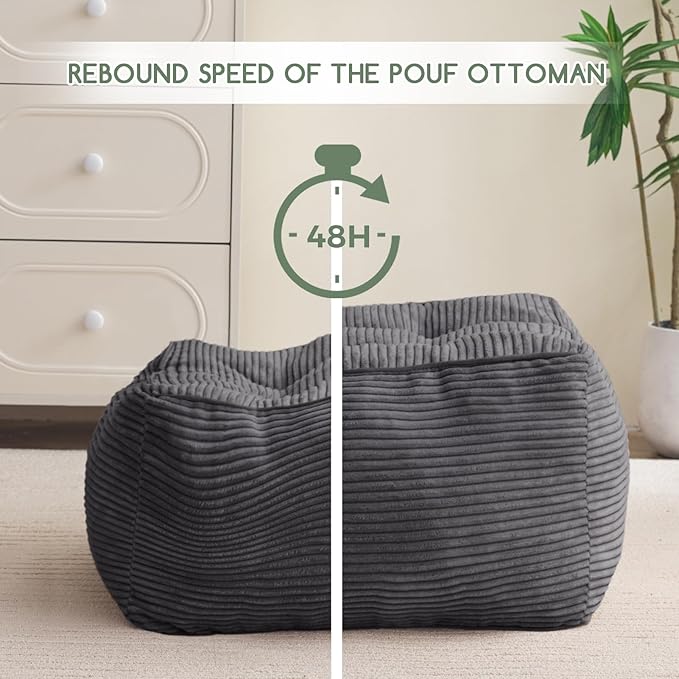 HIGOGOGO Square Stuffed Pouf Ottoman, Corduroy Poufs with Foam Chunk Filling, Furry and Fluffy Pouf Foot Stool Storage Ottoman, 21 X 21 Floor Poufs Foot Rest for Living Room, Dark Grey