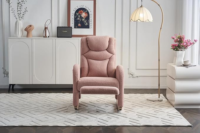 Rocking Chair with Foot Rest, Nursery Glider Teddy Gliding Rocking Chair with Retractable Footrest Rubber Wood Legs Side Pocket High Back & Wide Seat Nursing Chair for Living Room (Pink)