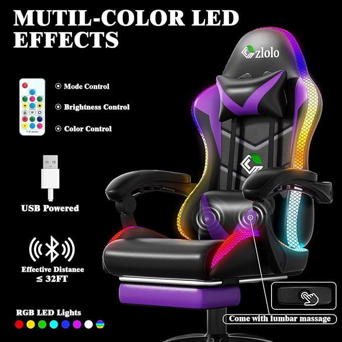 Czlolo RGB LED Lights Gaming Chair with Footrest for Adults and Kids, Lumbar Support Massager Video Game Chair, High Back Reclining Gamer Chair with Headrest, Swivel Office Computer Desk Chair(Purple)