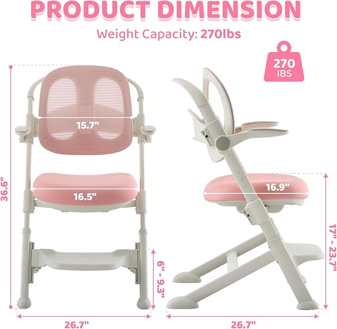 ERIYA Kids Desk Chair,Ergonomic Chair: Breathable Mesh Back, Adjustable Seat, Flip-Up Armrests, Footrest, Lumbar | Ideal for Kids, Petite Adults – Ultra-Comfy for Study/Work (Pink)