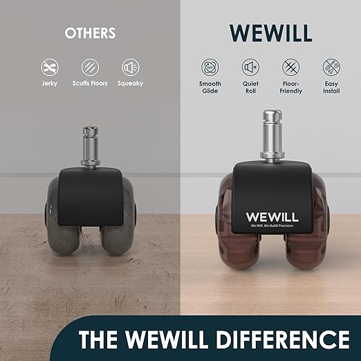 WEWILL Office Chair Wheels, Rubber Replacement Caster Heavy Duty Wheels for Computer Desk Chair to Replace Office Chair mats, Protect Hardwood Floors and Carpet, Set of 5 Brown