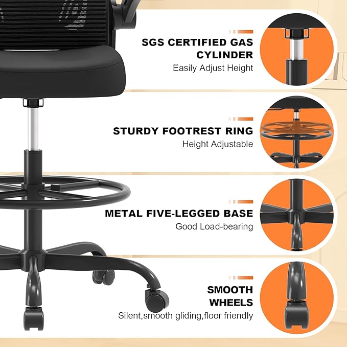 Ergonomic Drafting Chair, Tall Office Chair with Flip-up Armrests, Breathable Mesh High Desk Chair with Lumbar Support Adjustable Footrest Ring for Standing Desk Black