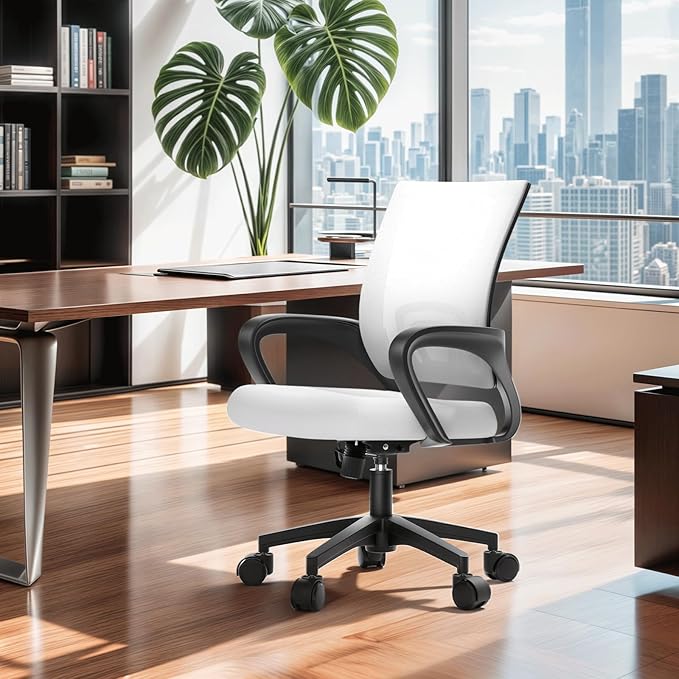 MoNiBloom Mesh Office Chair, Ergonomic Computer Chair for Adults, Rolling Swivel Mid-Back Desk Chair with Lumbar Support, Comfy Armrest for Home Office, Gaming, White