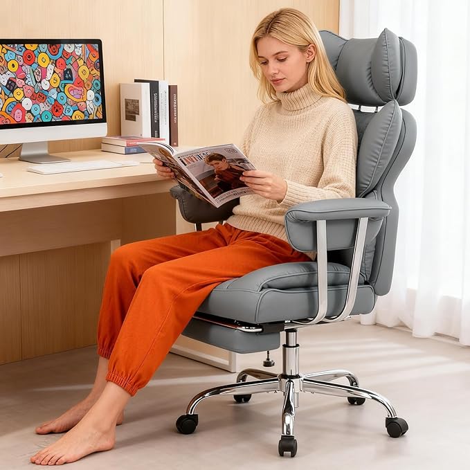 DUMOS Big and Tall Office Chair 350 LBS, Scratch-Resistant PU Leather Executive Office Desk Chair with Footrest, Ergonomic Reclining Computer Chair with Pocket Spring Support for Home Office, Grey
