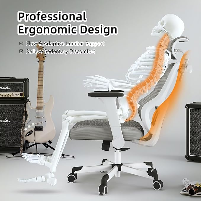 Ergonomic Office Chair Reclining Gaming Chair Adjustable Lumbar Support 4D Armrest 6D Headrest Breathable Mesh Swivel Computer Chairs Home Studio Chairs Desk Chair Coat Hanger Tilt Lock (Grey)
