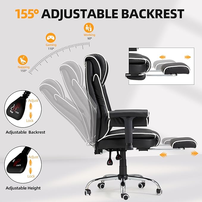 HOMREST 6-Point Massage Office Chair with Heat, Heated Reclining Executive Desk Chair with 155°Tilt Adjustable Armrests, Ergonomic High Back Computer Chair for Home Office, Black and White